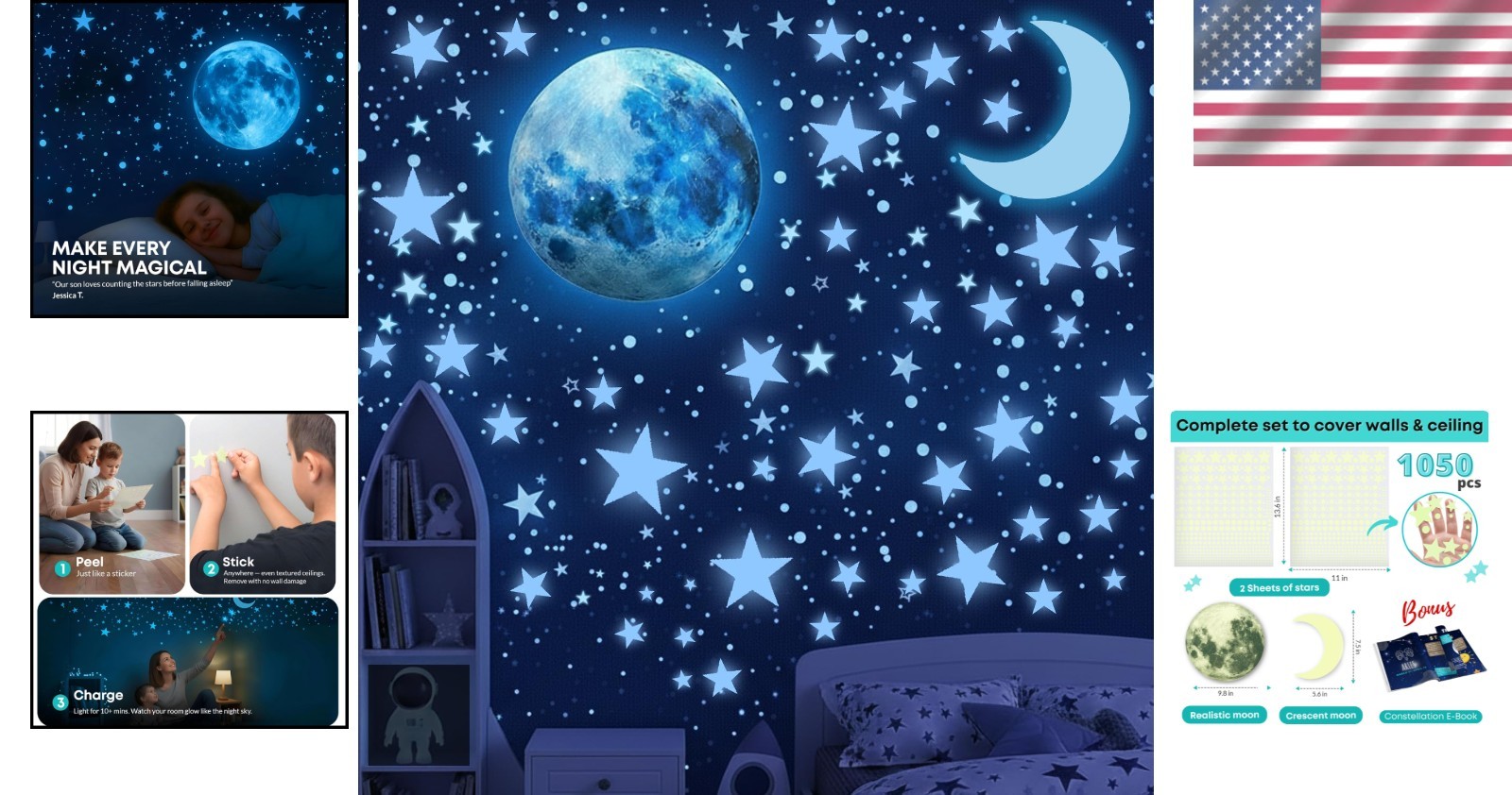 Glow in The Dark Stars Ceiling Pack 1050 pcs Kids Room Decor Blue Space