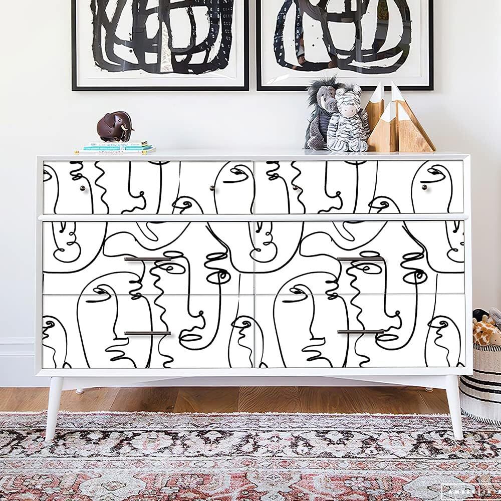 Modern Peel and Stick Abstract Line Face Wallpaper for Art Wall Black/White