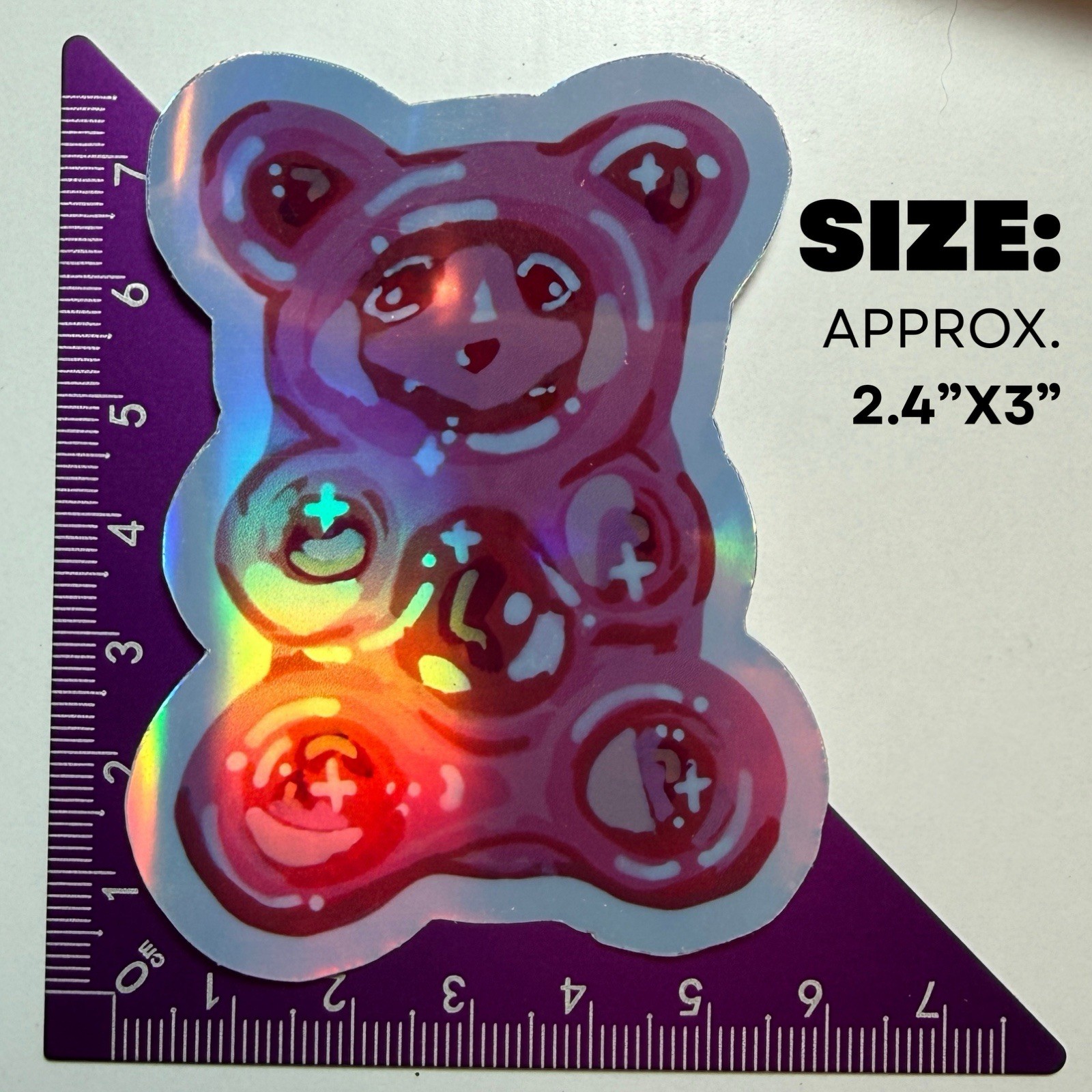 Pink Gummy Bear Holographic Vinyl Sticker | 3″ | Original Art by Sara Rose
