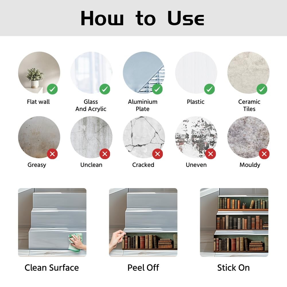15 Strips Vintage Bookshelf Stair Decals, Peel and Stick Stair Riser Stickers…