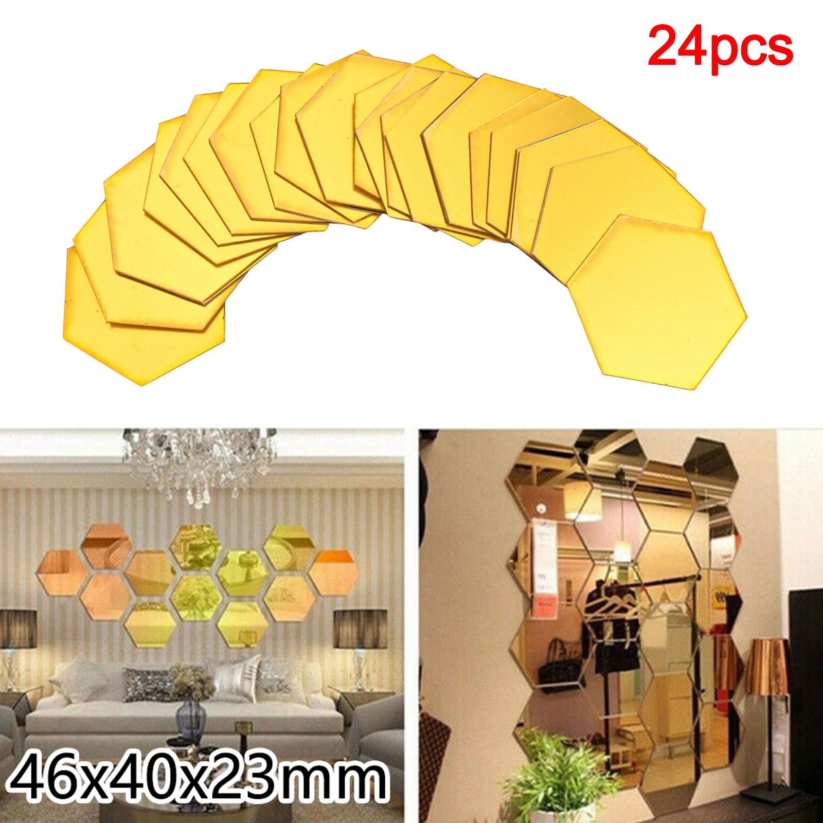 24pcs/Pack Hexagonal 3D Stereo Wall Stickers 46*40*23mm Gold Mirror Super Small
