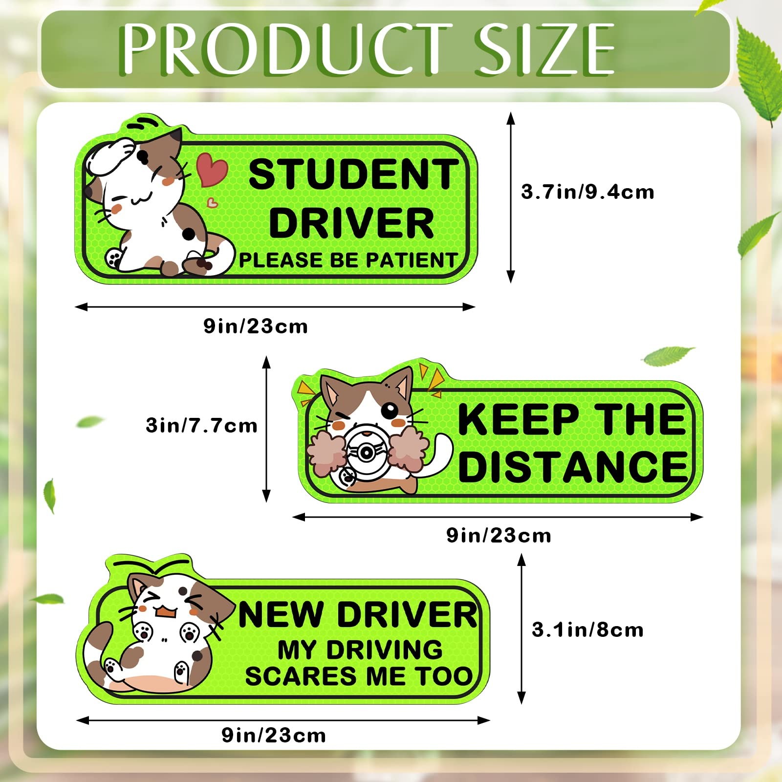 Large Green Cat Pattern Student Driver Magnets Set Of 3 Easy To Use Reflective