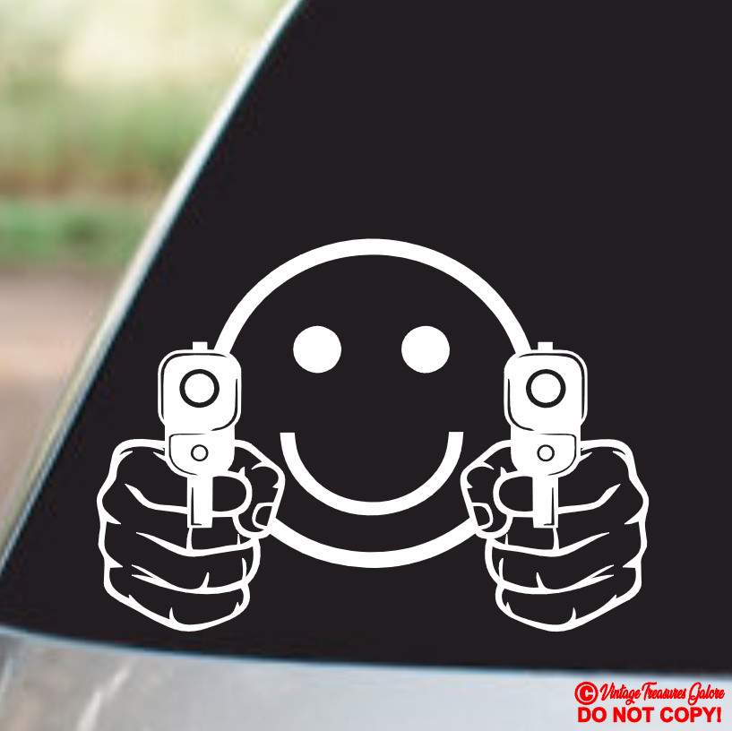 SMILEY FACE POINTING GUNS – VINYL DECAL CAR REAR WINDOW BUMPER STICKER BACK OFF!