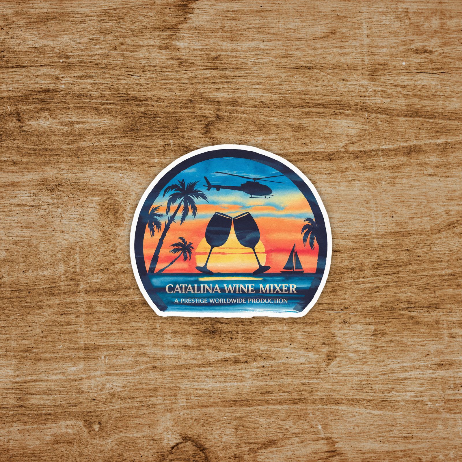 Catalina Wine Mixer Sticker – Tropical Sunset Boat Helicopter Silhouette Palm Tr