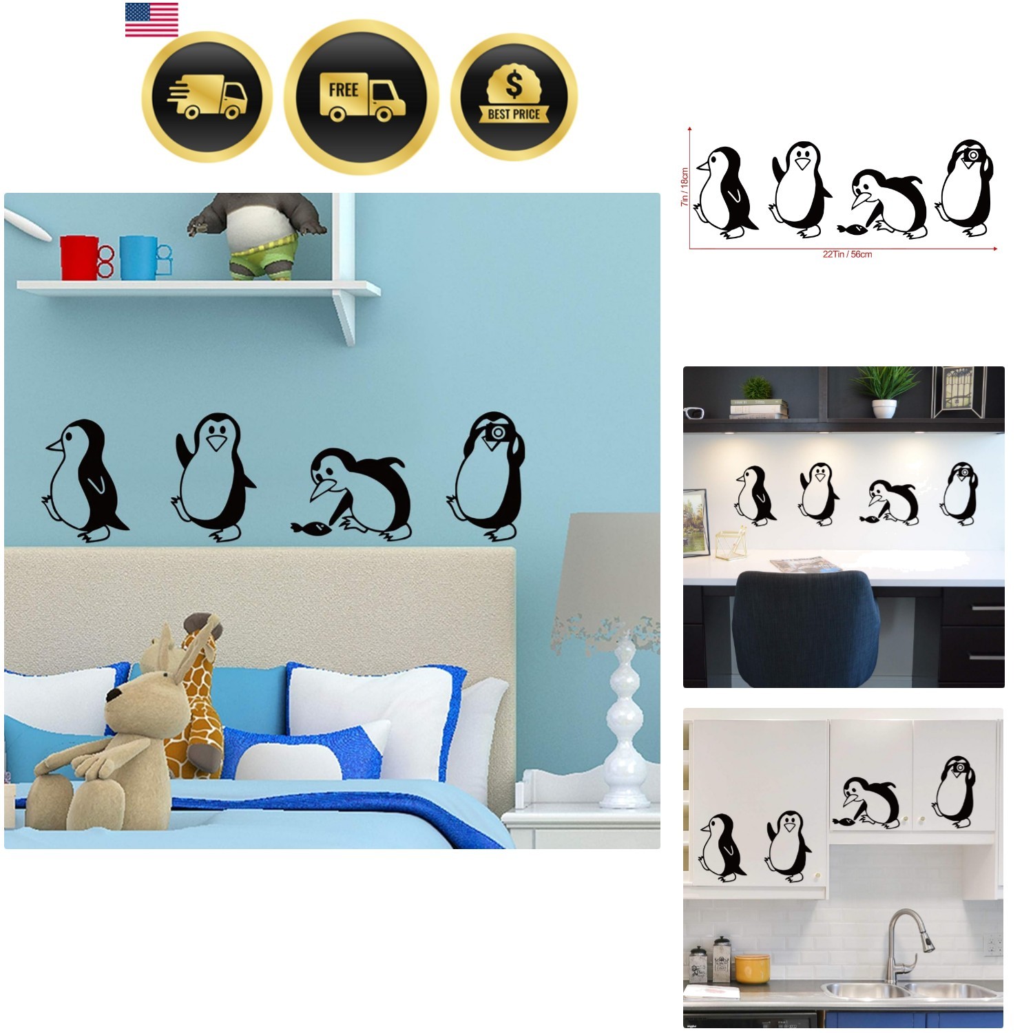 Penguin Wall Stickers for Kids Nursery Decor Reusable Vinyl Decal Art