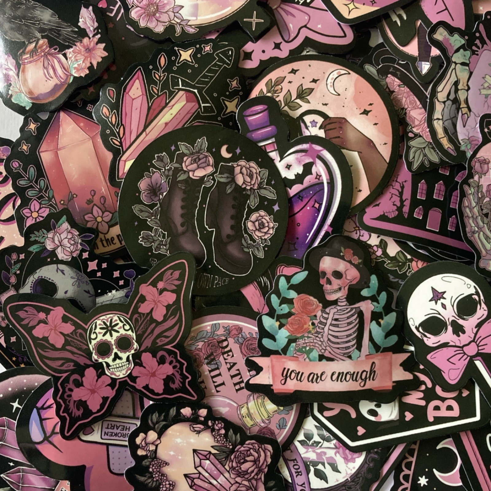 10pc Assorted Pink Black Purple Vinyl Stickers Set, Gothic Fantasy Skull Witchy