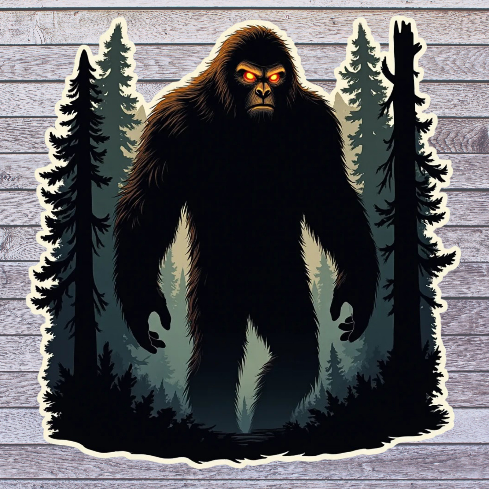 Bigfoot sticker vinyl decal sasquatch woods glowing eyes cryptid angry grumpy