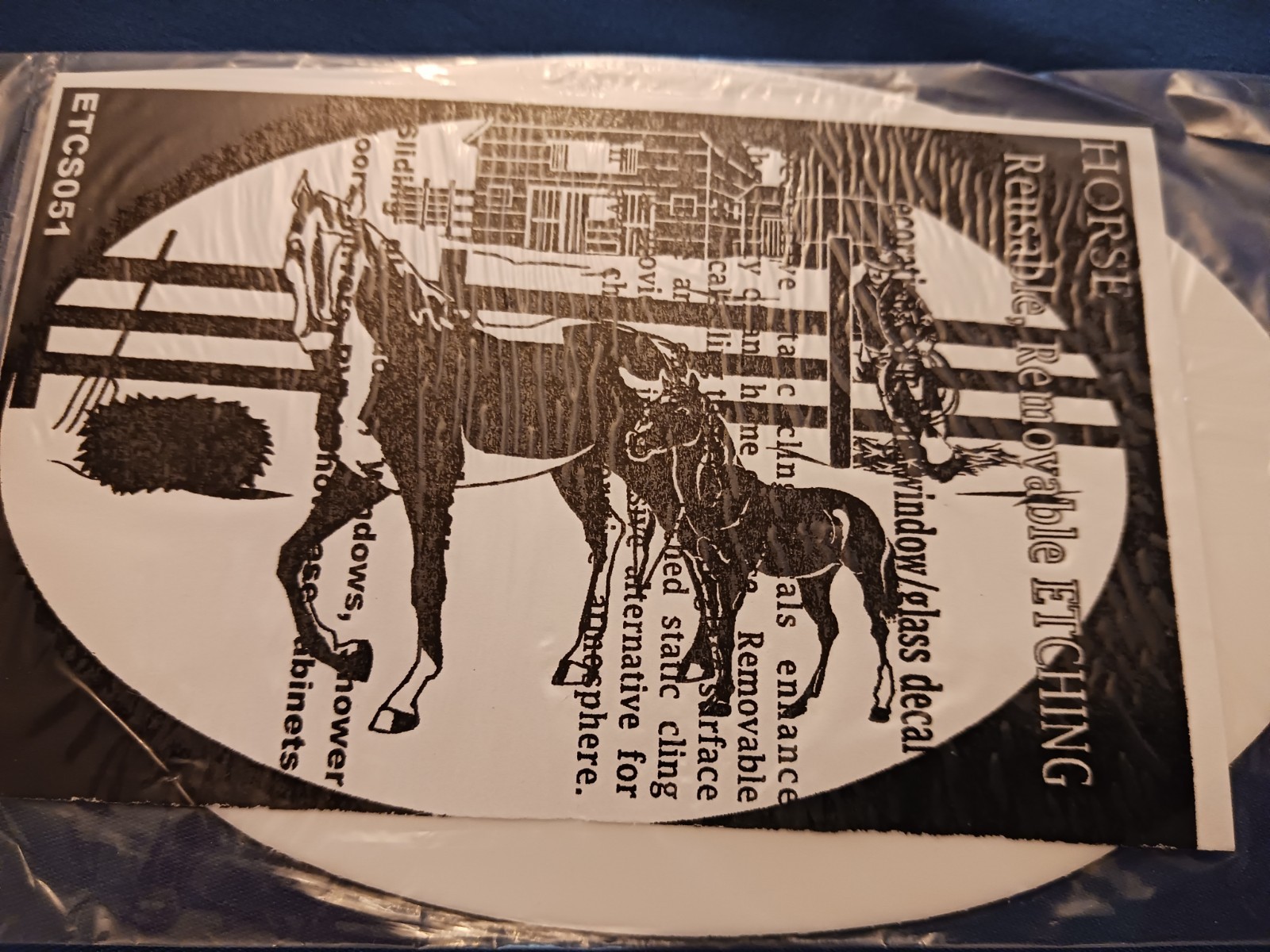Horse Scene Decal 8″x12″ OVAL Etched Glass Look Cling Removable & Reusable 51