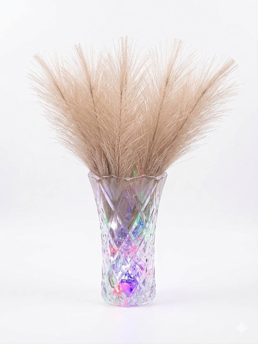 Elegant Diamond-Cut Glass Vase with Dried Pampas Grass
