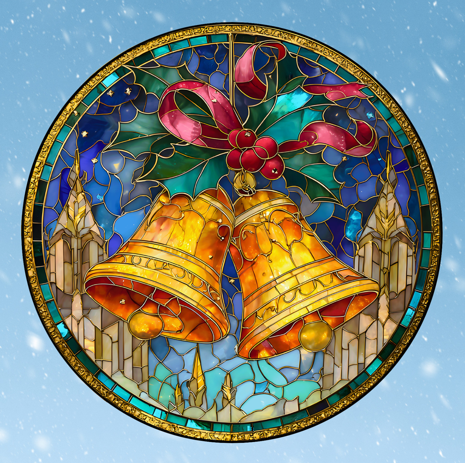 Christmas Church Bells Faux Stained Glass WINDOW CLING Size 8″ Round Vinyl