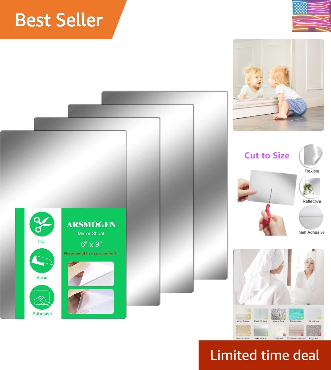 4 Pieces Flexible Cut to Size Mirror Sheet 6″ x 9″, Self Adhesive Non Glass M…