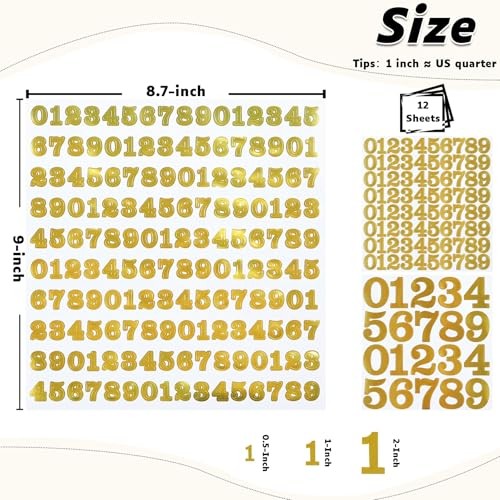 1040 Pieces Small Number Stickers, 1/2″,1″,2″ Waterproof Vinyl Self Gold