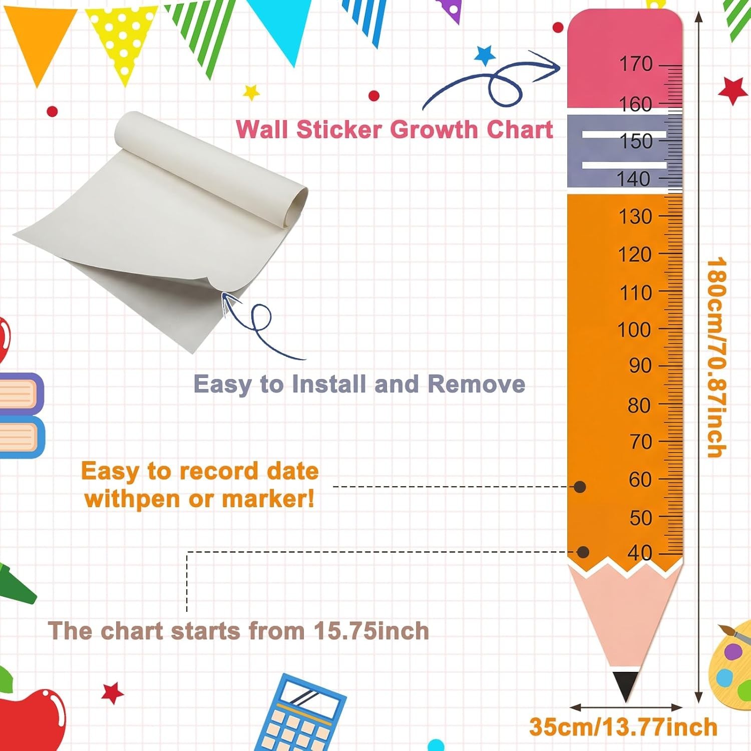 Height Growth Chart Wall Sticker Decor 77″x14″ Pencil Shaped Height Measurement