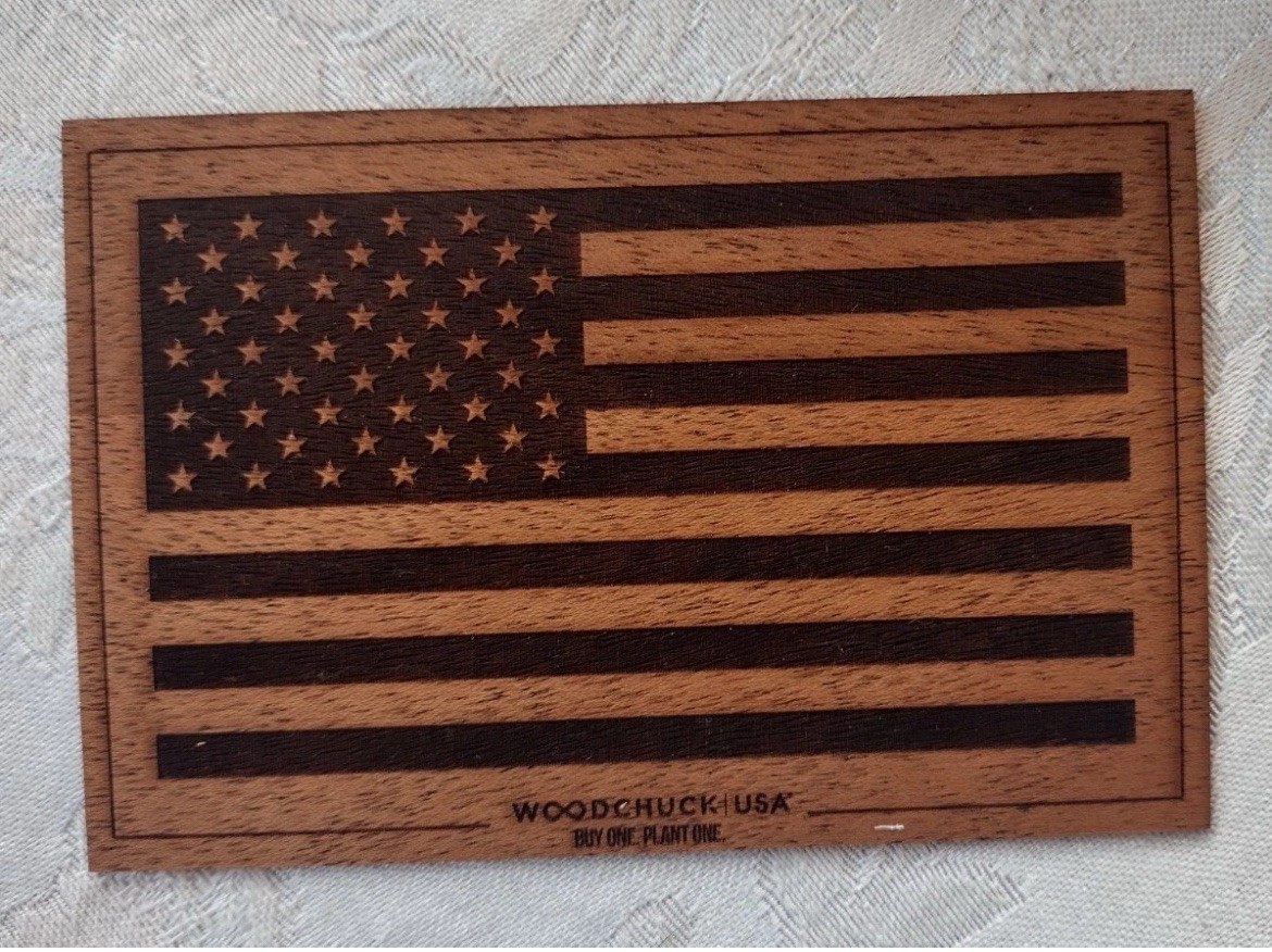 Woodchuck Wooden 3D Bumper Sticker American Flag 4 x 3 Wood Grain