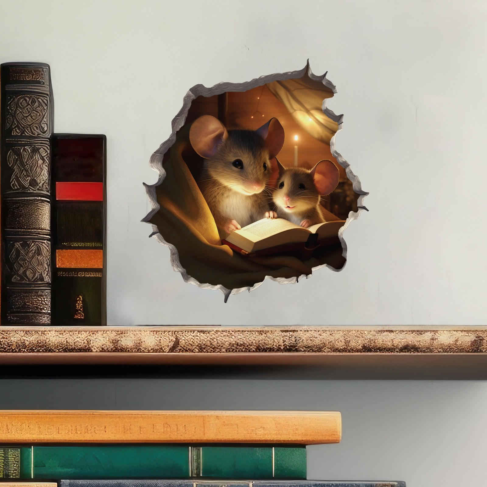 Parent and Child Mice Reading in Mouse Hole Decal – Mouse Hole 3D Wall Sticker