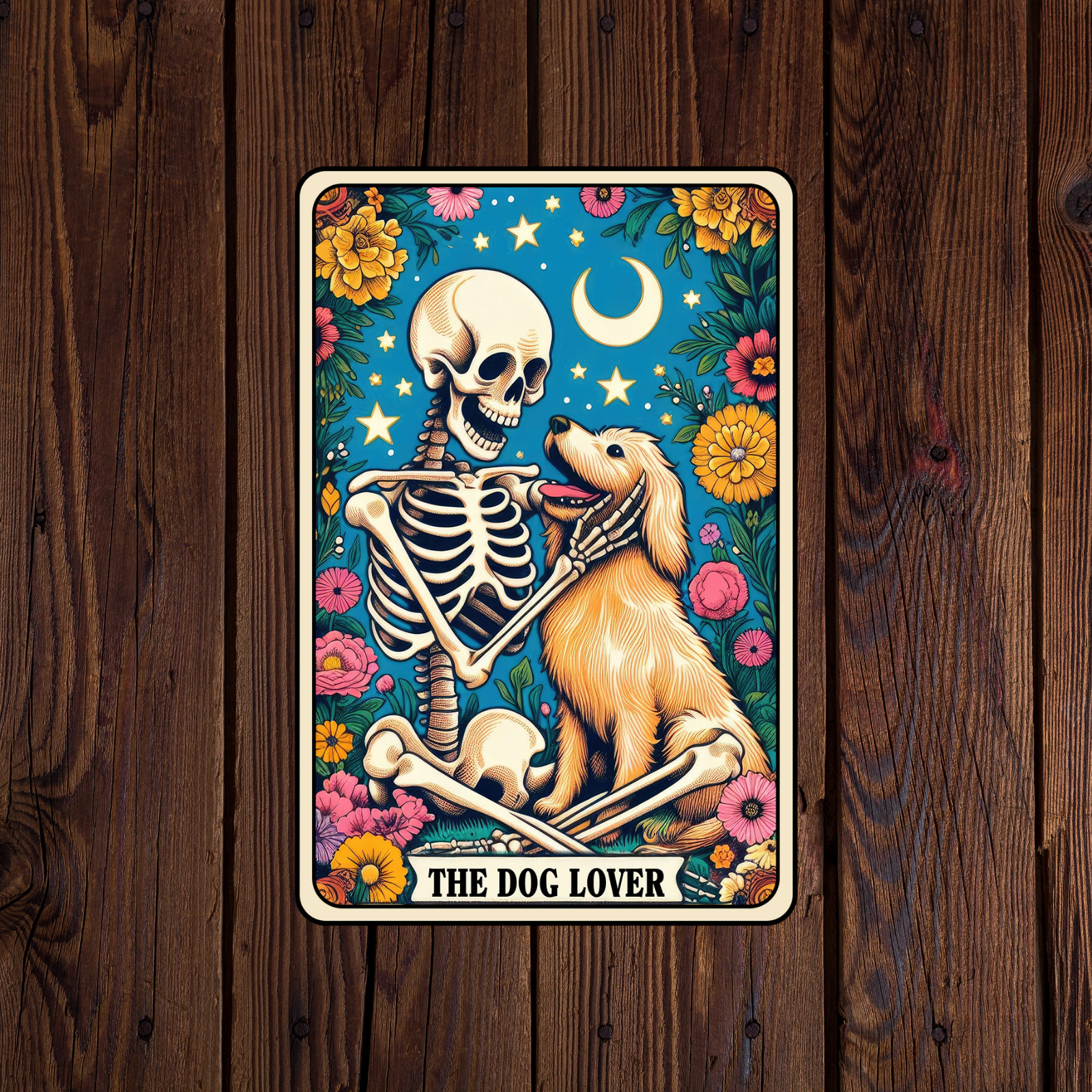 Tarot card sticker vinyl decal the dog lover skeleton flower animal pet novelty