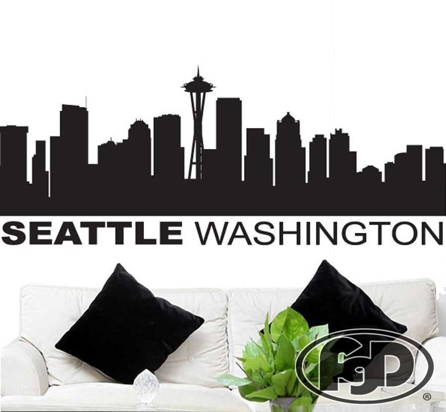 FGD Seattle Skyline Vinyl Wall Decal / Sticker in Black or White 20″ x 50″