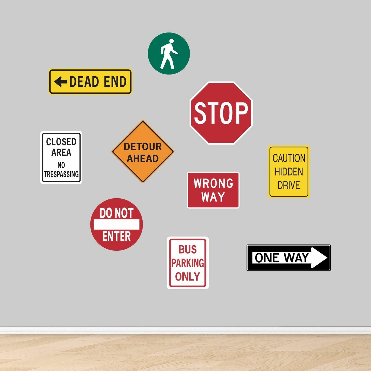 Road Signs Printed Wall Decal Set – Nursery, Kids, Teens, Driving, Directions