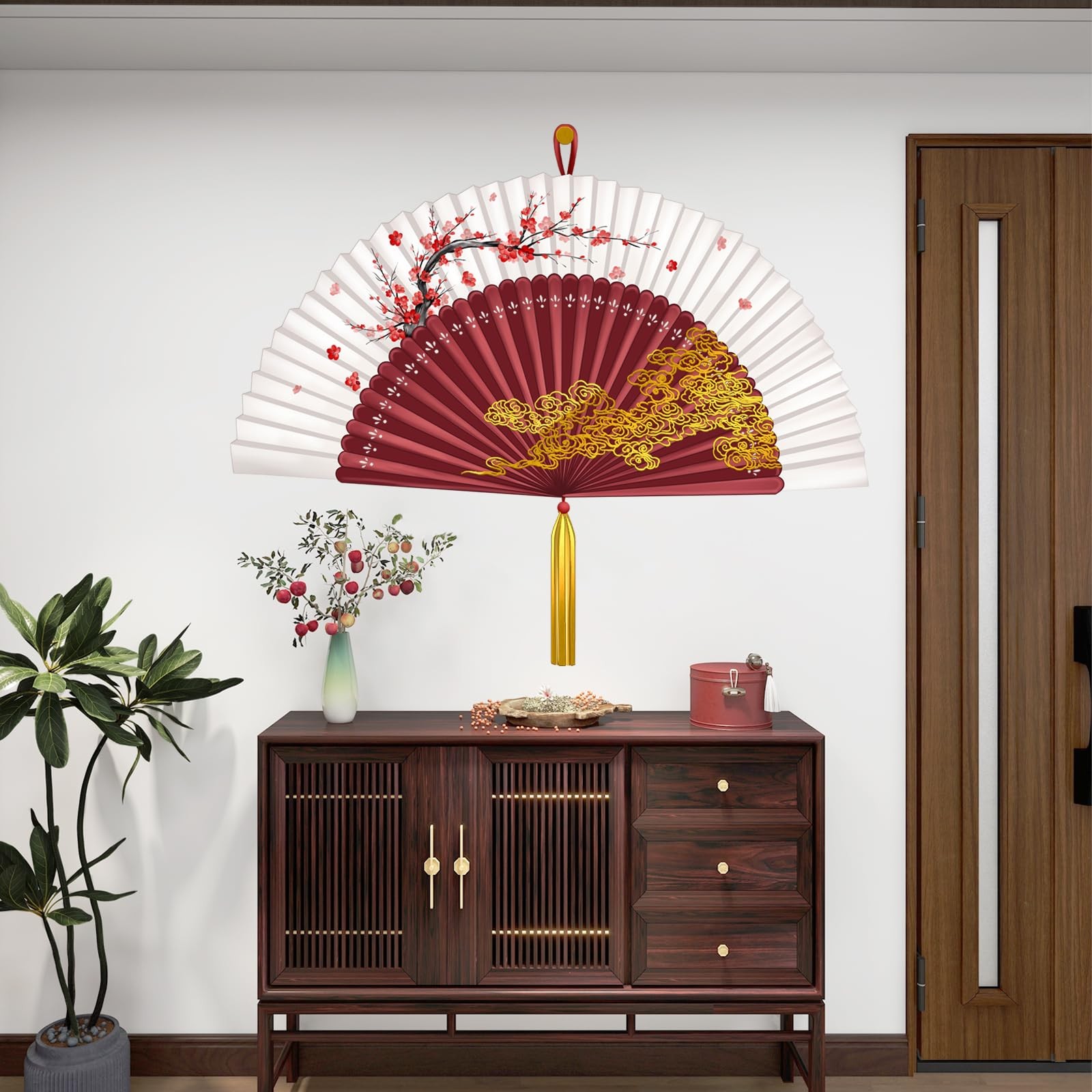 Large Chinese Folding Fan Wall Stickers Plum Blossom with Golden Cloud Accent…