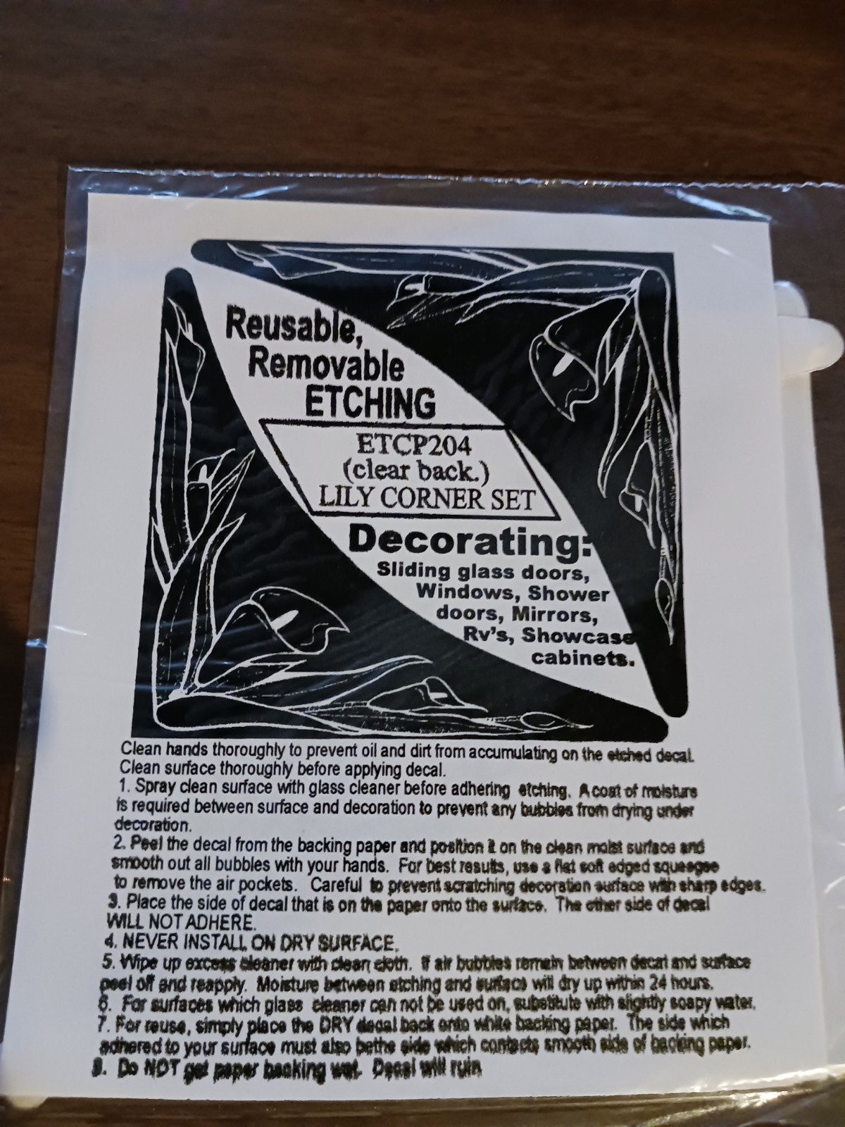 LILY Etched (Clear Back) Look Cling 5″X5″ Corners Removable & Reusable 204