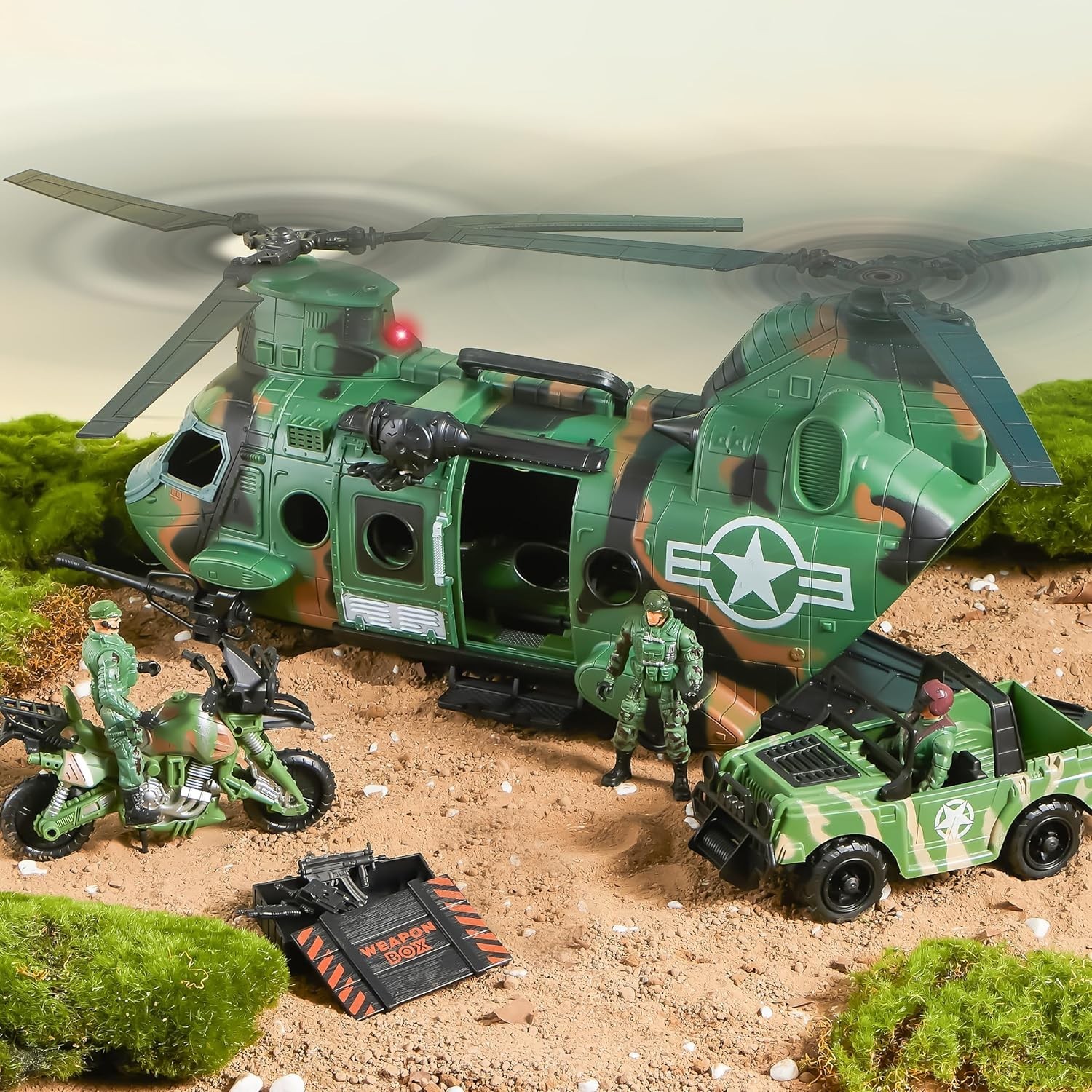 10-In-1 Military Helicopter Toys Set with Light, Sound, Trucks, Boat, Bike, Army