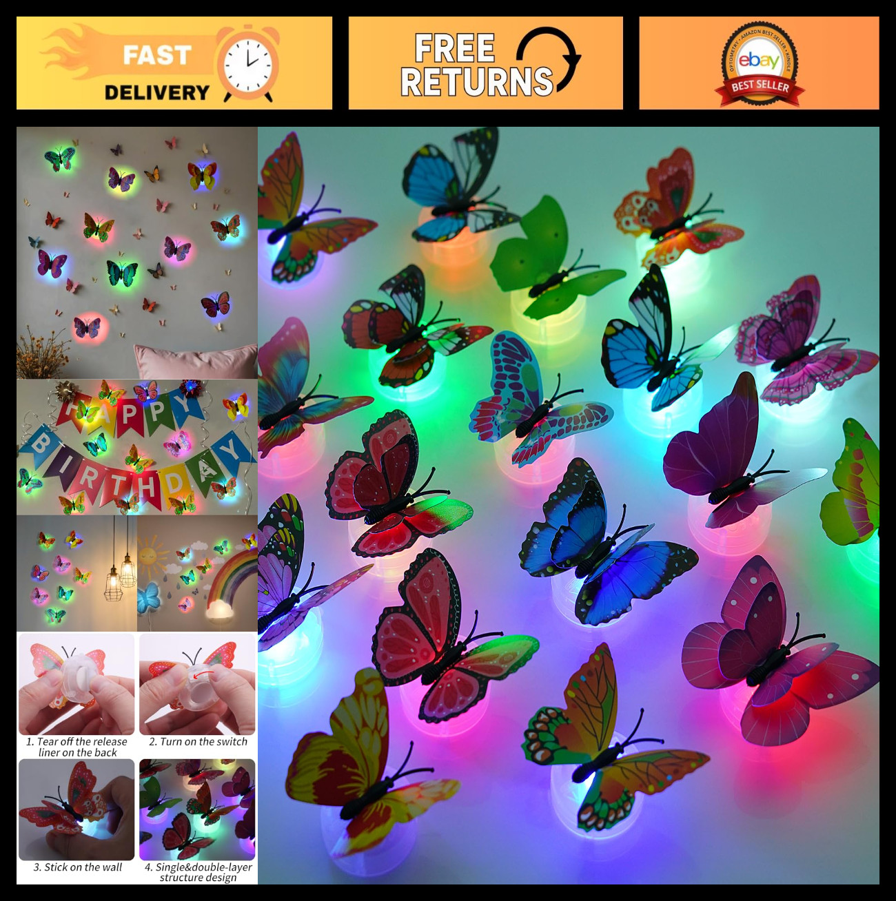 3D Butterfly Wall Decor with LED Lights, Glow-in-the-Dark Stickers, 24 Pcs for B