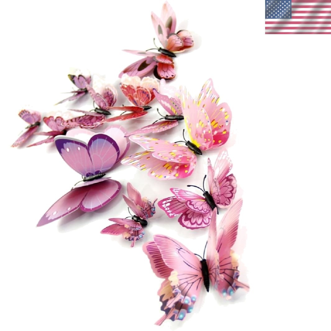 Elegant 12PCS 3D Pink Butterfly Wall Decor Stickers – Perfect for Indoors