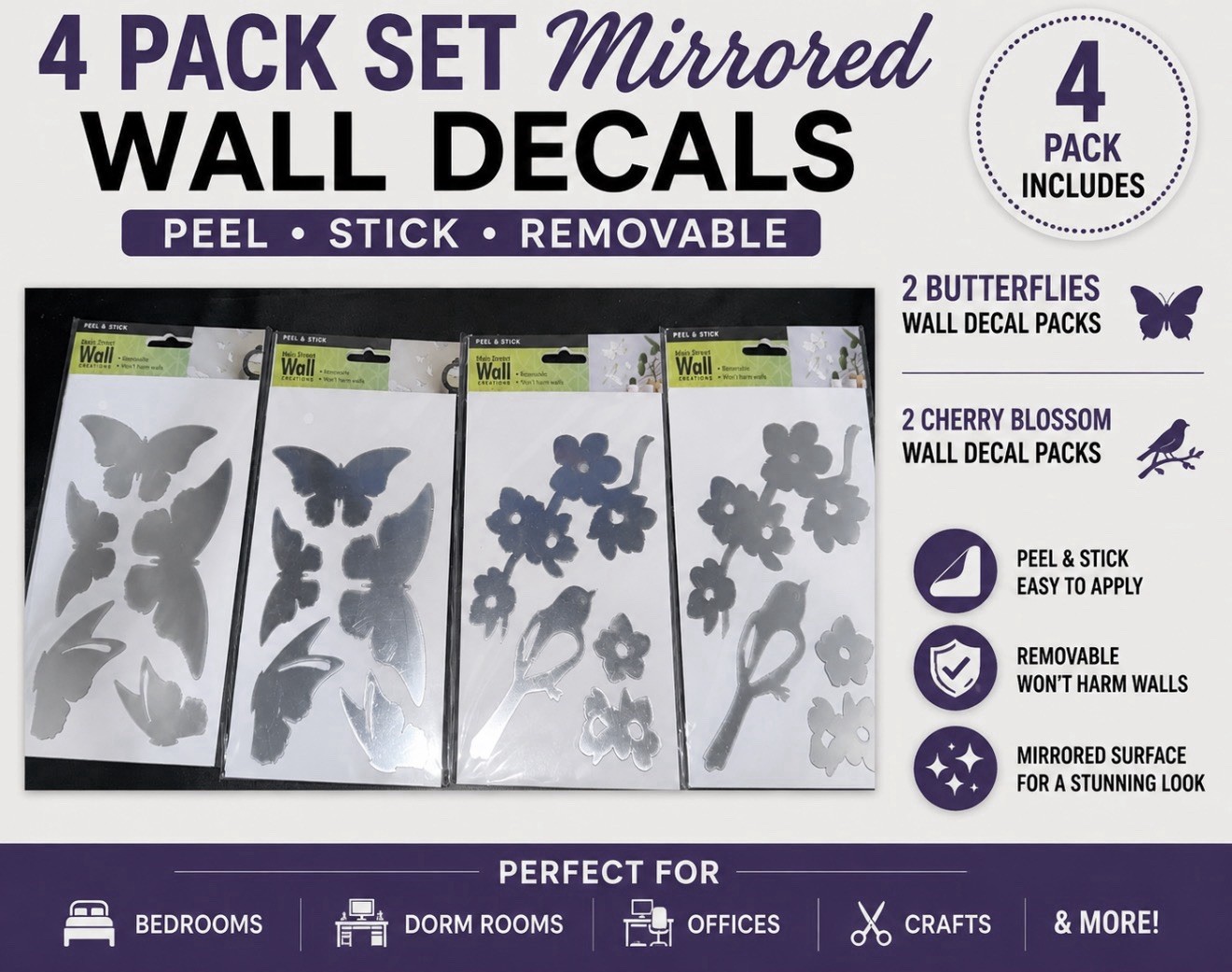 4 Main Street Wall Creations Mirror Decals Butterflies Cherry Blossom Birds