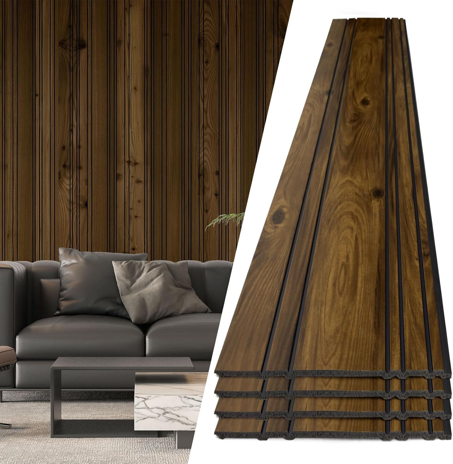 4-Pack Glue-On Wall Panels Wood Grain Texture Interior Wall Decor 104″x12″