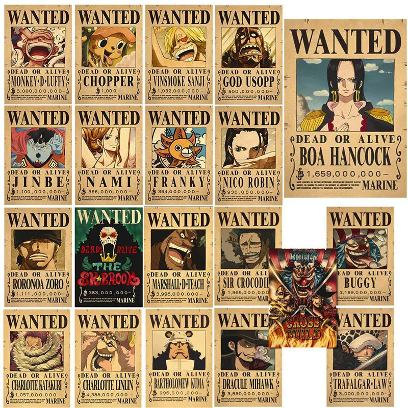 56PCS One Piece Wanted Poster Stickers for Laptop Phone Car Wall Decor