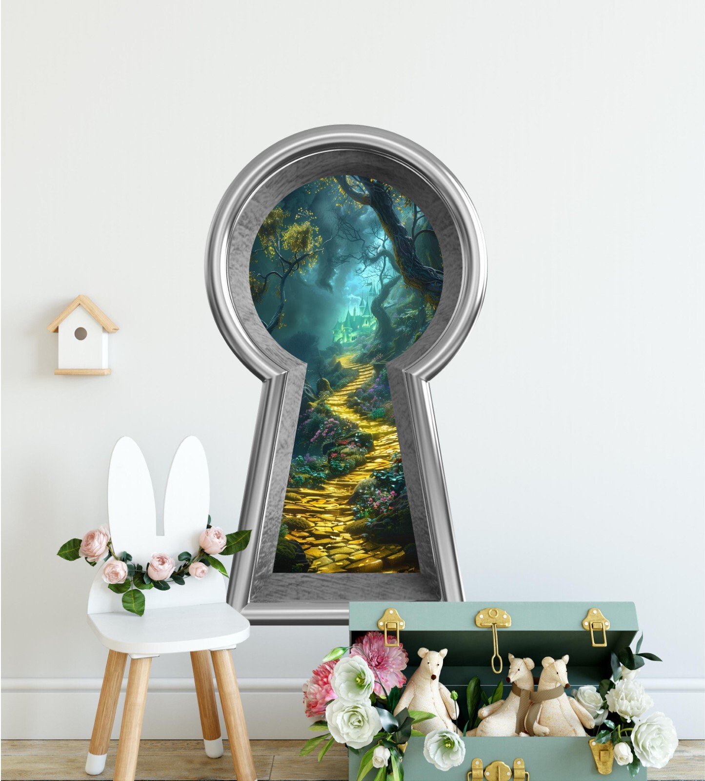 3D Keyhole Removable Wall Decal – Yellow Brick Road to Emerald Castle at Night