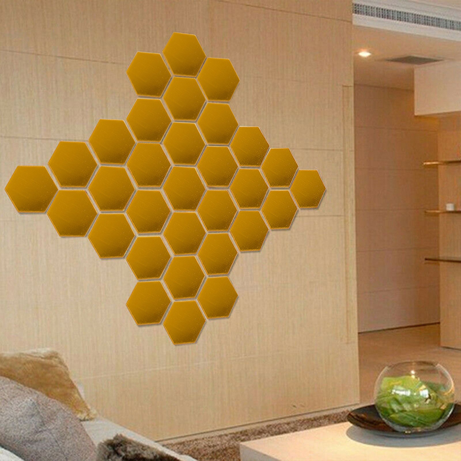 24pcs/Pack Hexagonal 3D Stereo Wall Stickers 46*40*23mm Gold Mirror Super Small
