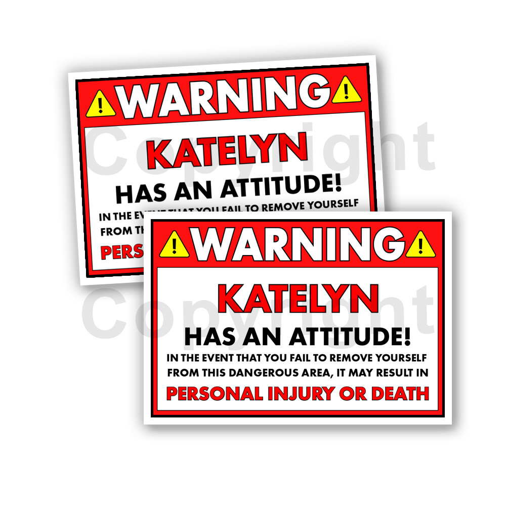 Katelyn HAS AN ATTITUDE 2 Funny Warning Stickers 5″ wide Orange – 2 Decals