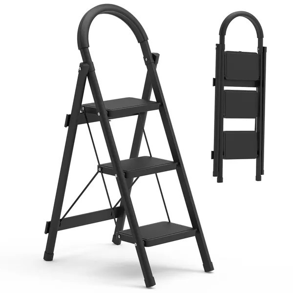 3-Step Foldable Ladder With Wide Anti-Slip Pedal Safety Locking Design