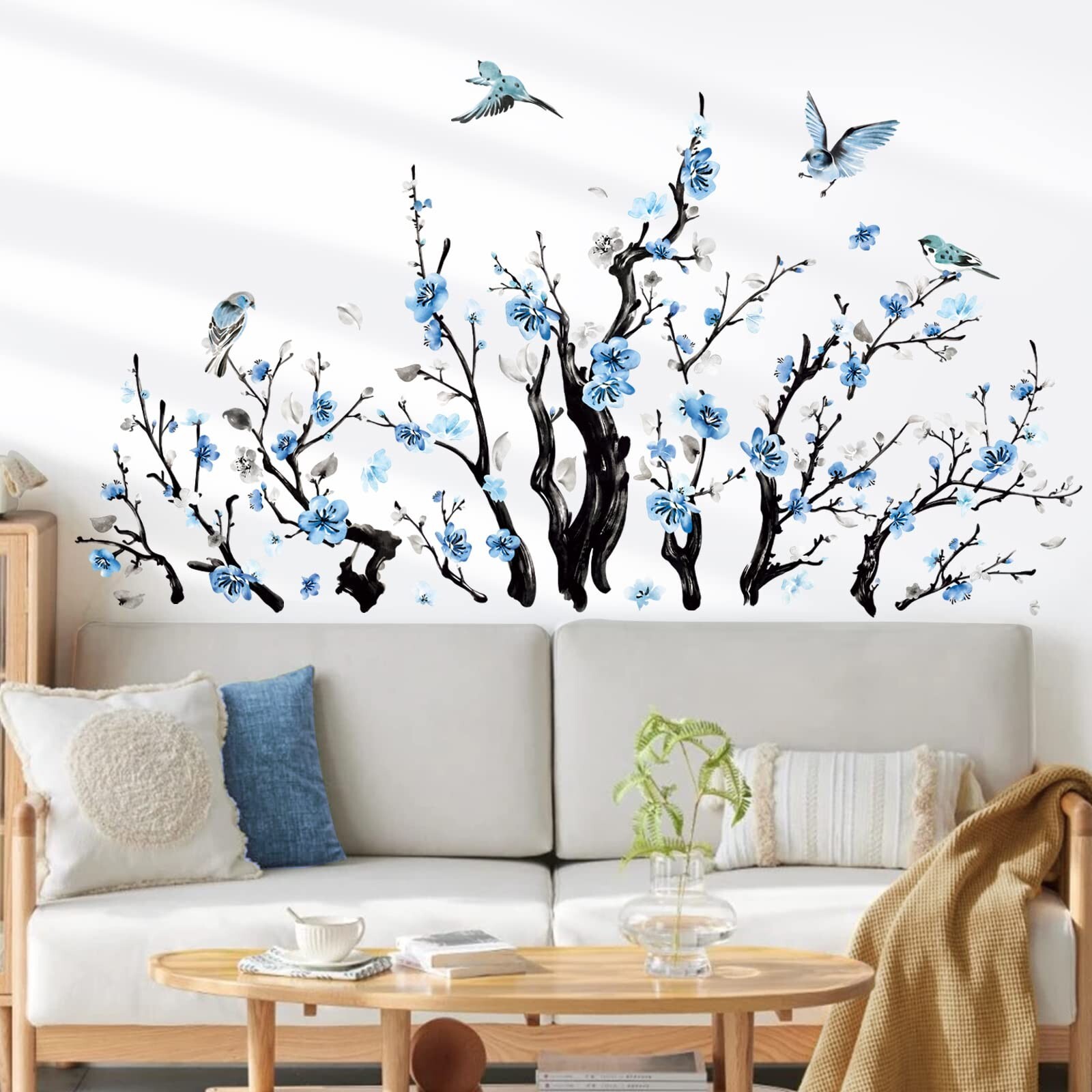 wondever Watercolor Flower Tree Branch Wall Stickers Blossom Blue Floral Bird…