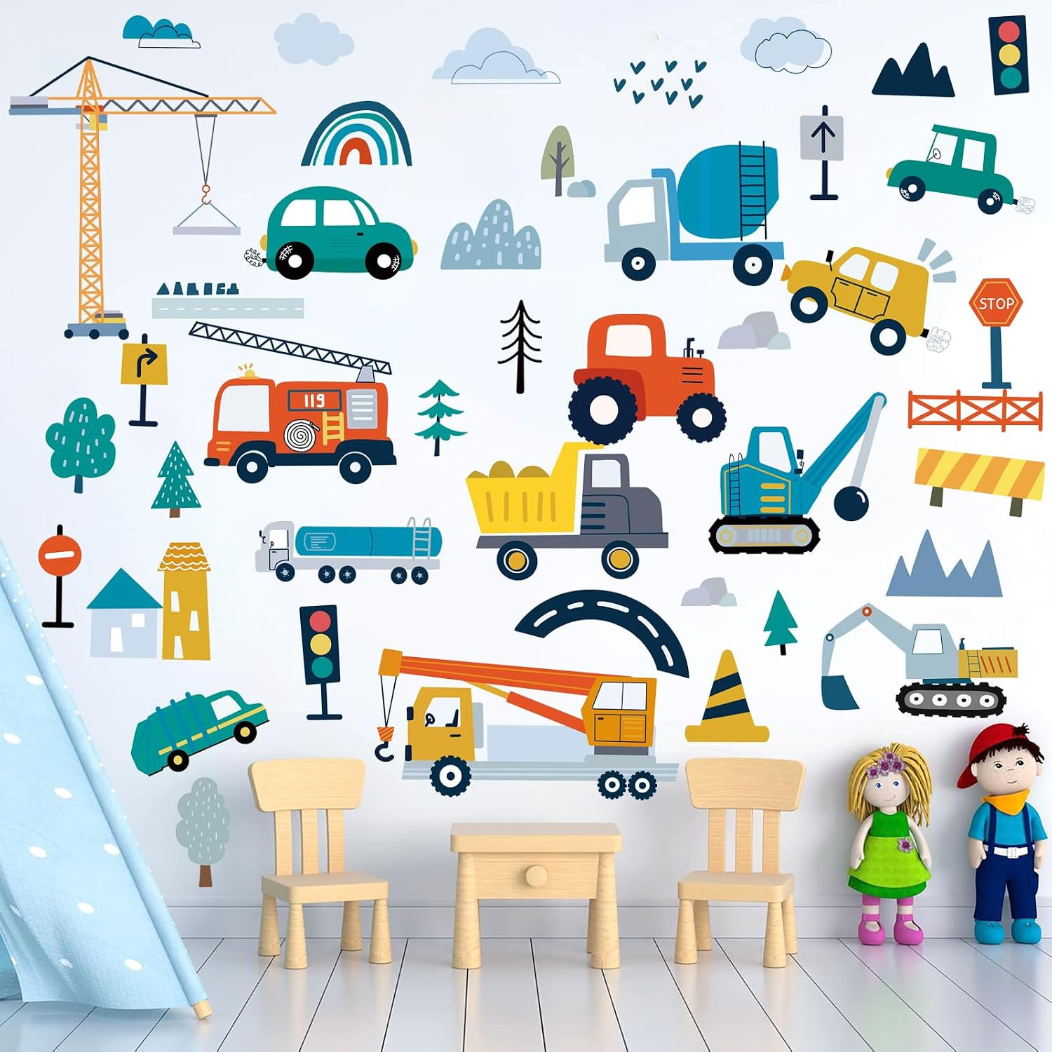 Construction Vehicles Wall Decals, 10 Sheets Truck Tractor Excavator Crane Vinyl