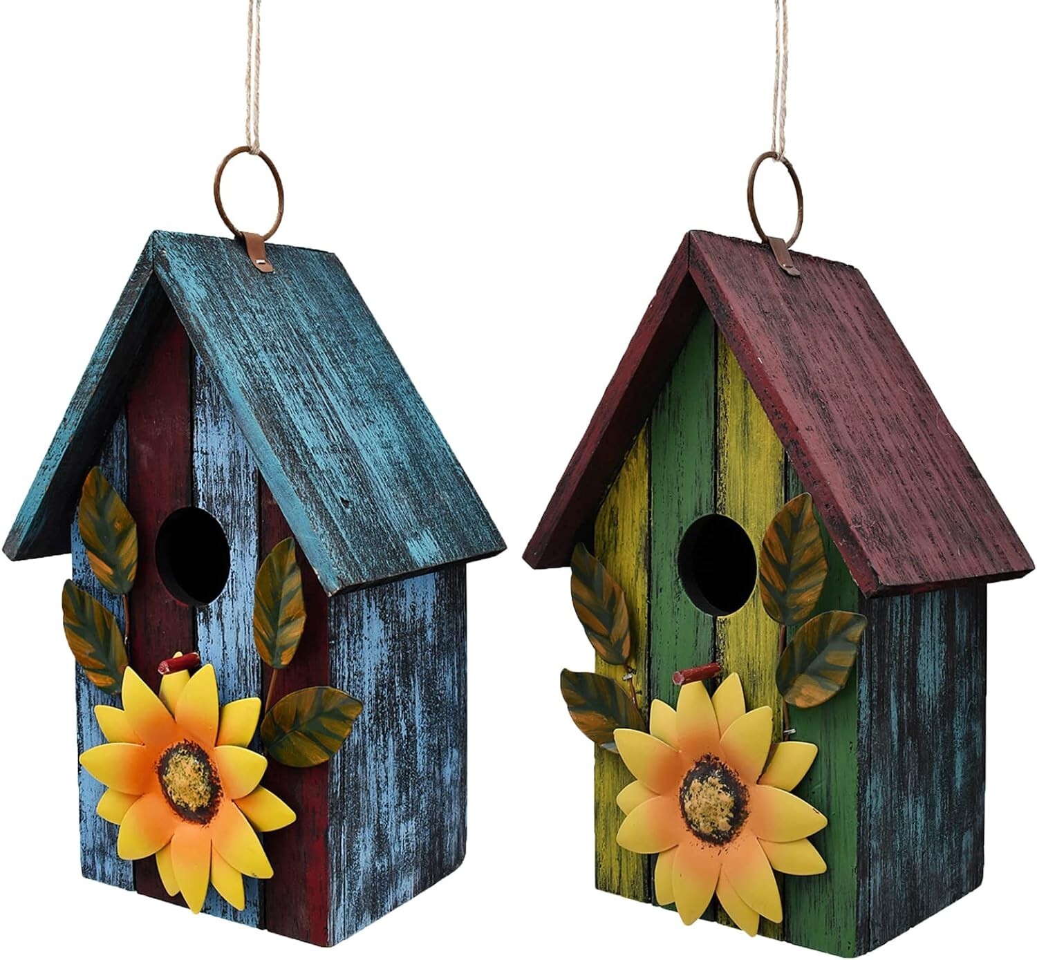 Wooden Decorative Hanging Bird House Hand Painted Birds Box (Green + Blue)