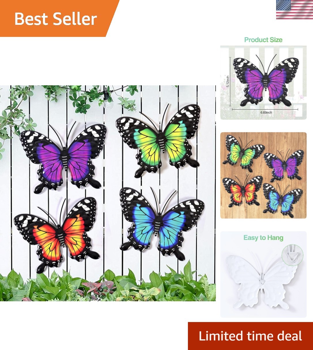 Enhance Your Space with 4 Colorful Metal Butterfly Wall Art – Easy to Hang