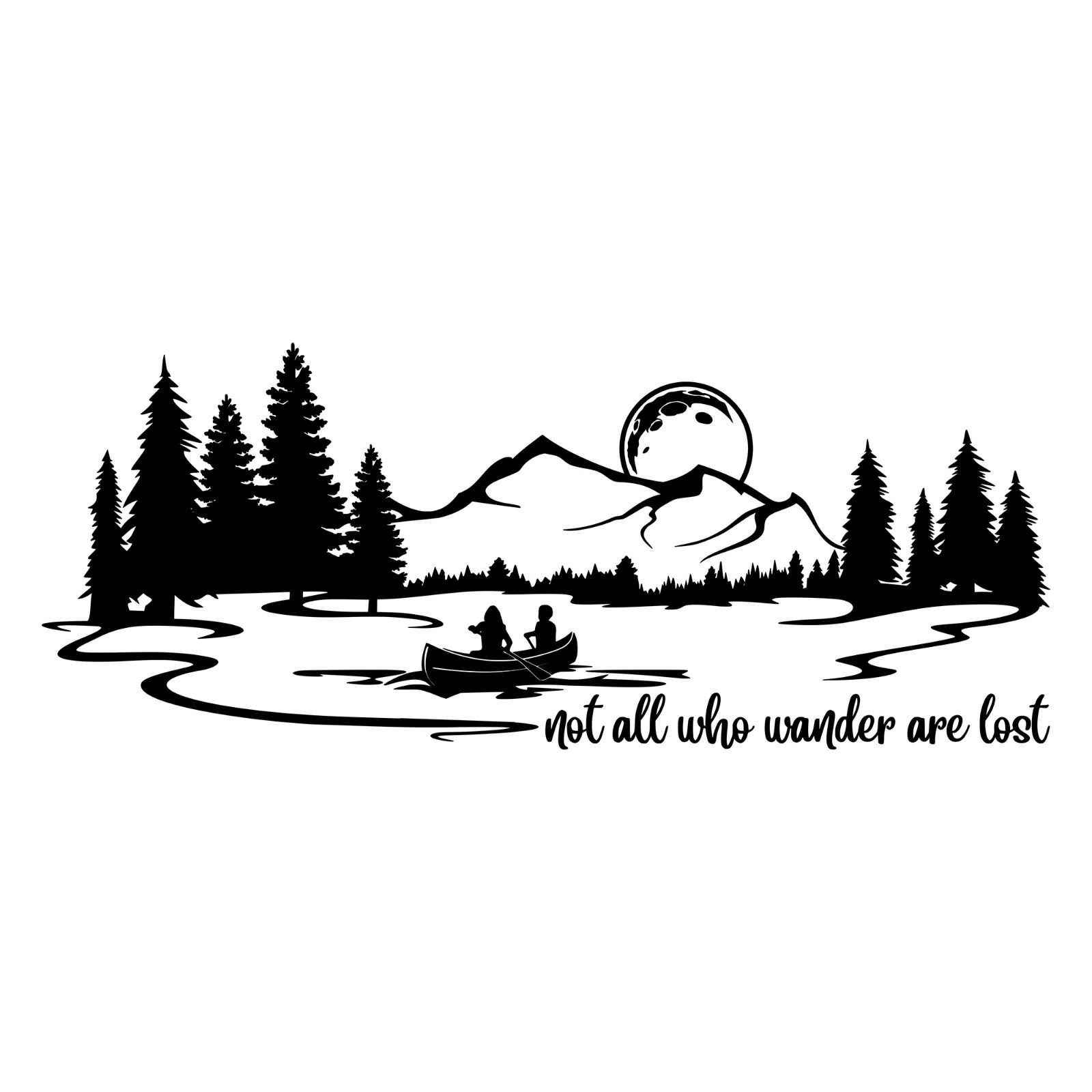 Canoe Lake Moon Mountain Not All Who Wander Are Lost Scene Vinyl Decal Sticker