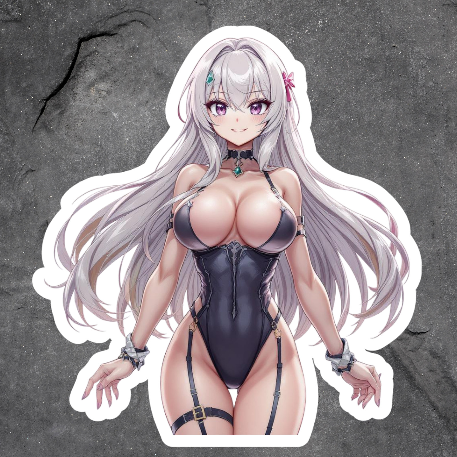 Pinup girl sticker vinyl decal anime silver hair black corset sexy leather look
