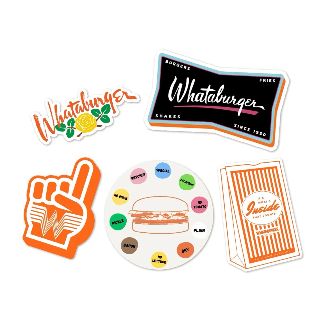 Whataburger Decal Set – 5 Pcs – Sticker Lot Water Bottle Laptop Stickers