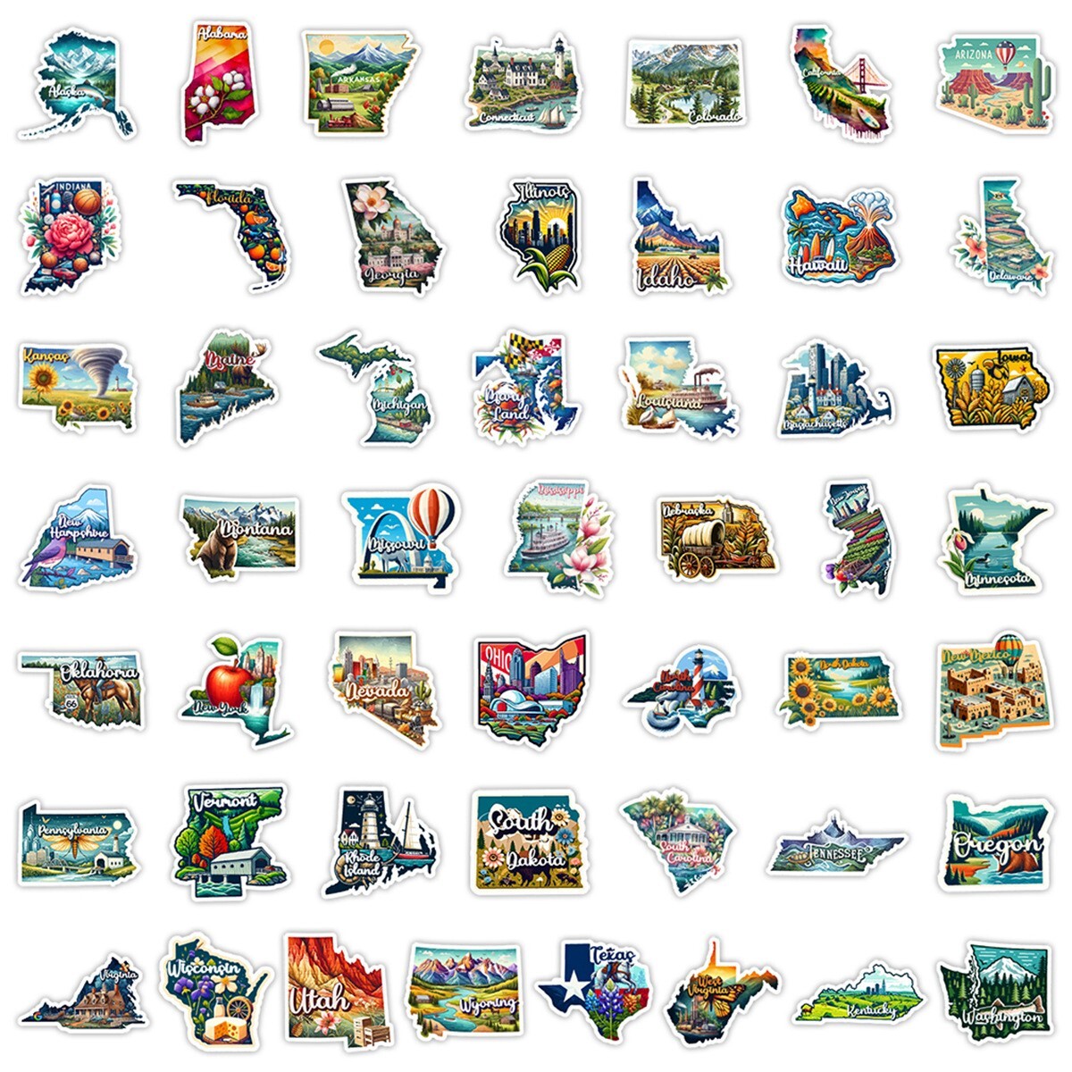 50 Pcs Stickers USA 50 States Clipart Travel City Luggage Auto Car Fridge Vinyl