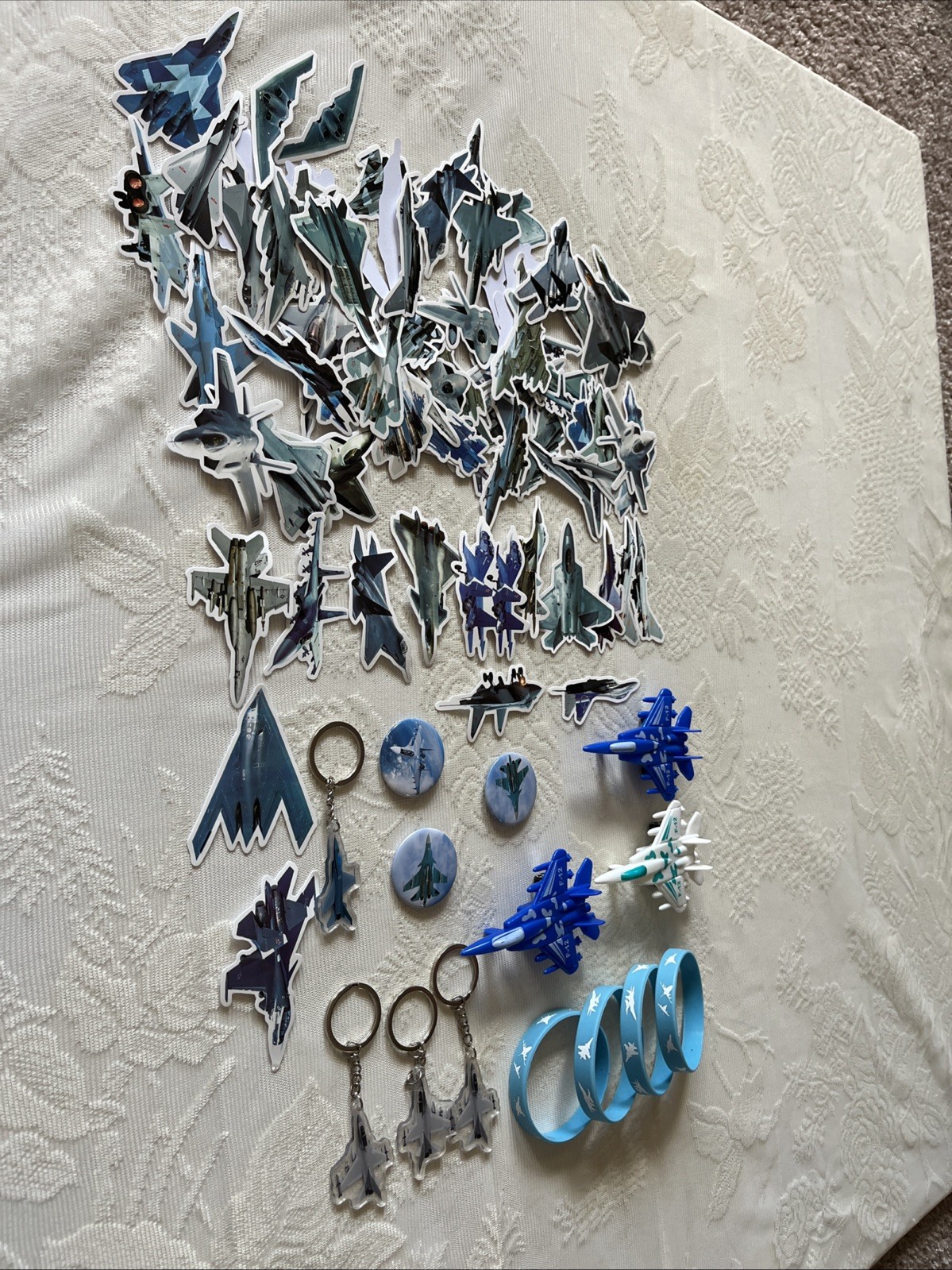 90pc. JET FIGHTER AIRPLANES VINYL STICKER Key Chain Button Lot