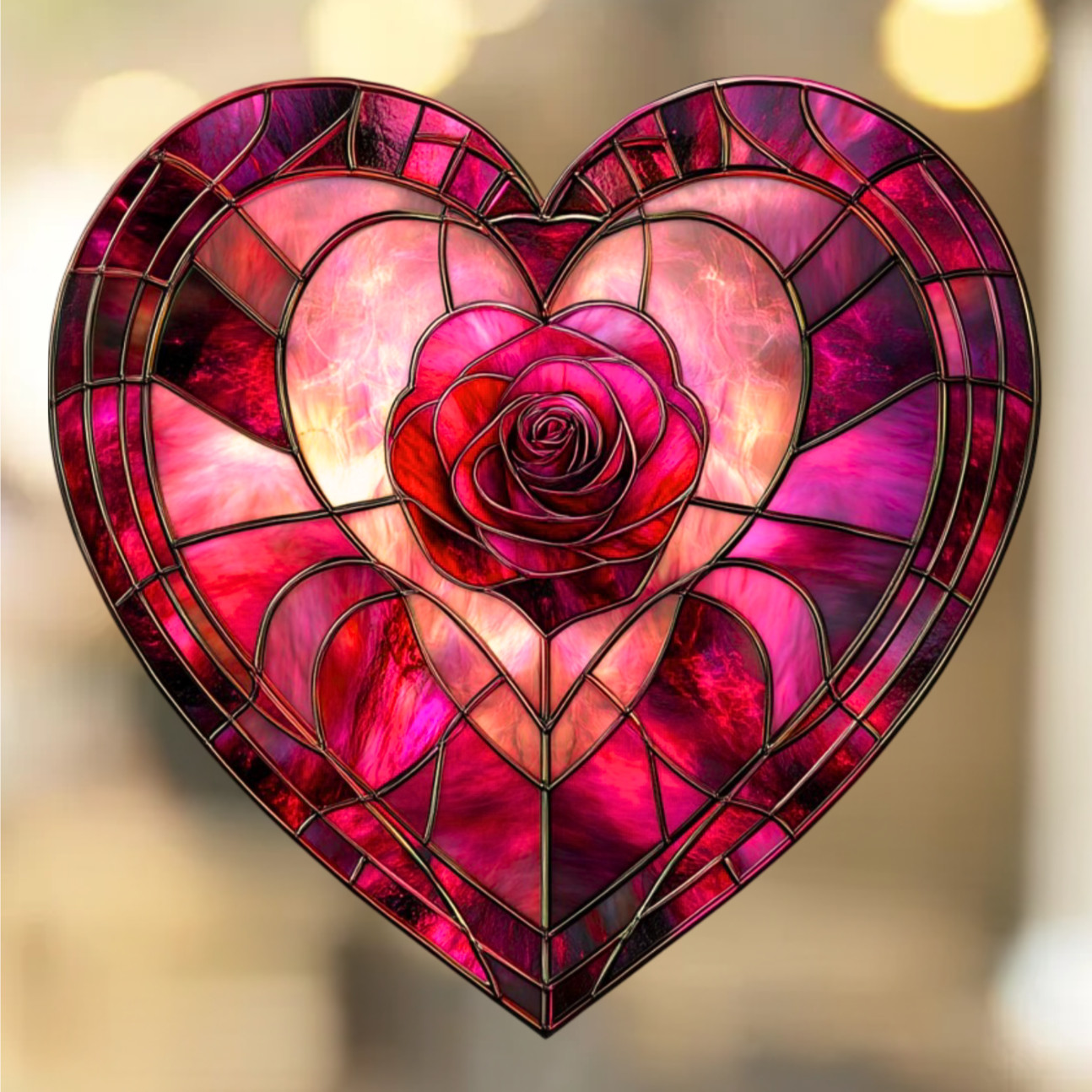 Heart Rose Faux Stained-Glass WINDOW CLING Suncatcher Size 8.2″