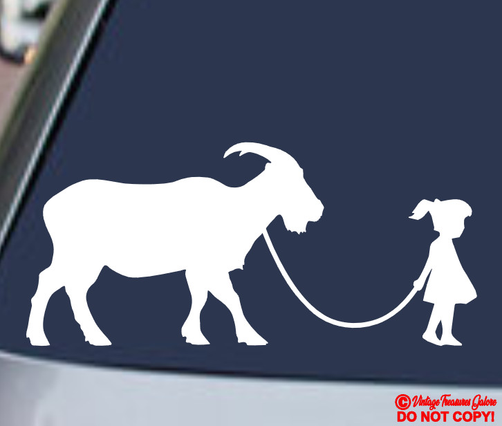 GIRL WALKING A PET MOUNTAIN GOAT Vinyl Decal Sticker Car Rear Window Wall Bumper