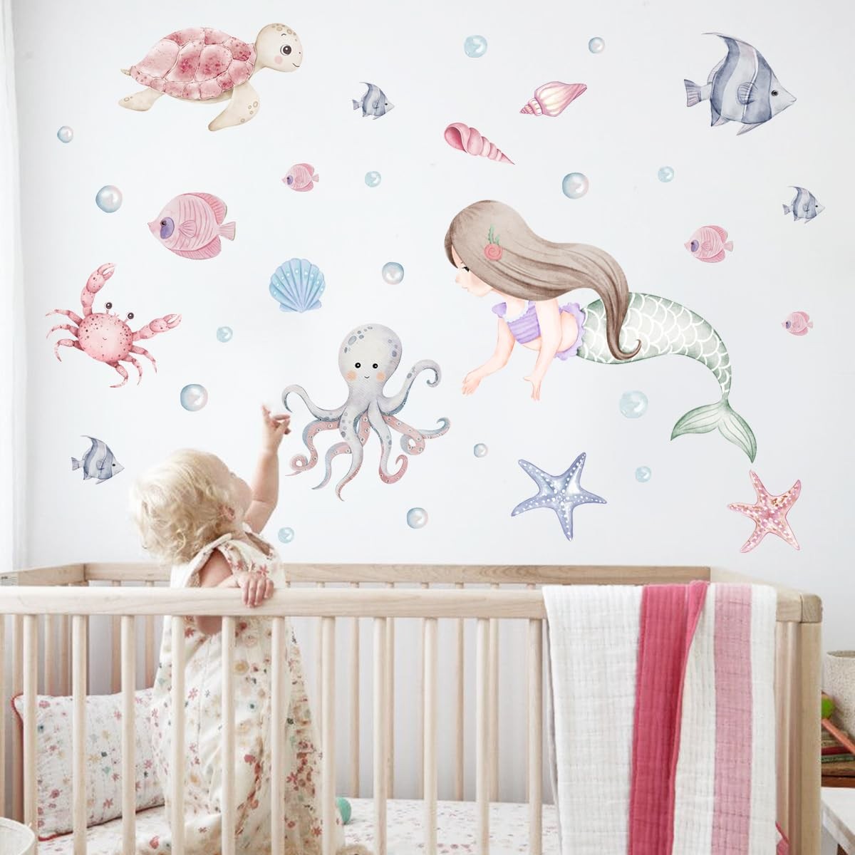 Mermaid Wall Decals，Under The Sea Animals Wall Stickers，Baby Girls Mermaid Wa…