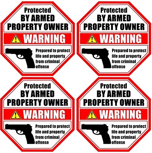 4 Pack Armed Property Owner Warning Decals Bright White Vinyl Window Stickers