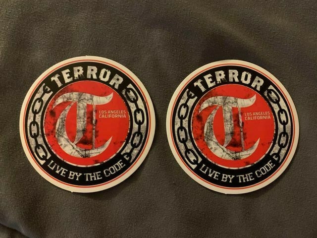 Lot of 2 TERROR 2 1/2″ x 2 1/2″ BAND Logo STICKERS Black Red FAST! FREE SHIP! LA