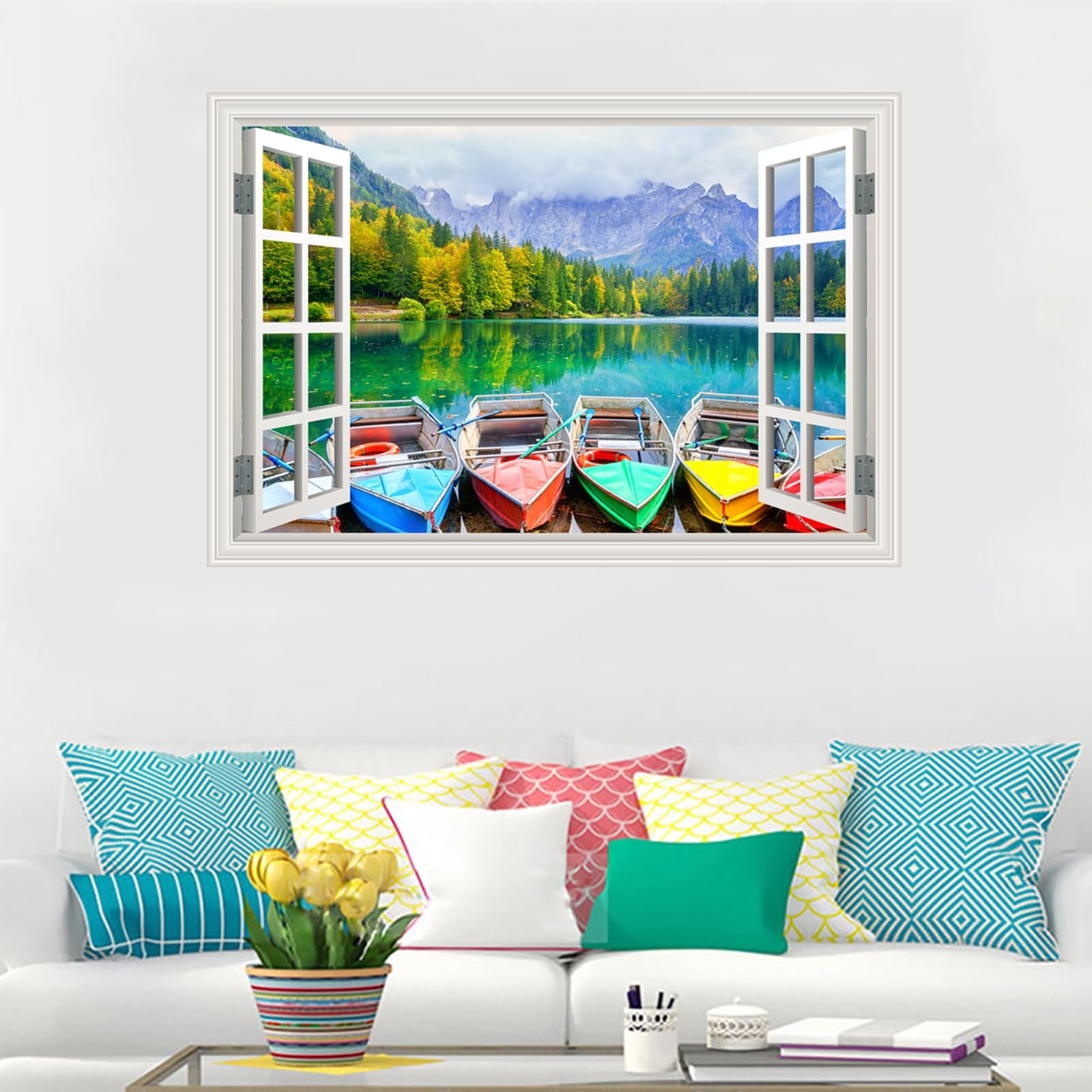 Fake Window Wall Mural Sticker Far Mountain Forest Lake Boat Decal Faux Windo…