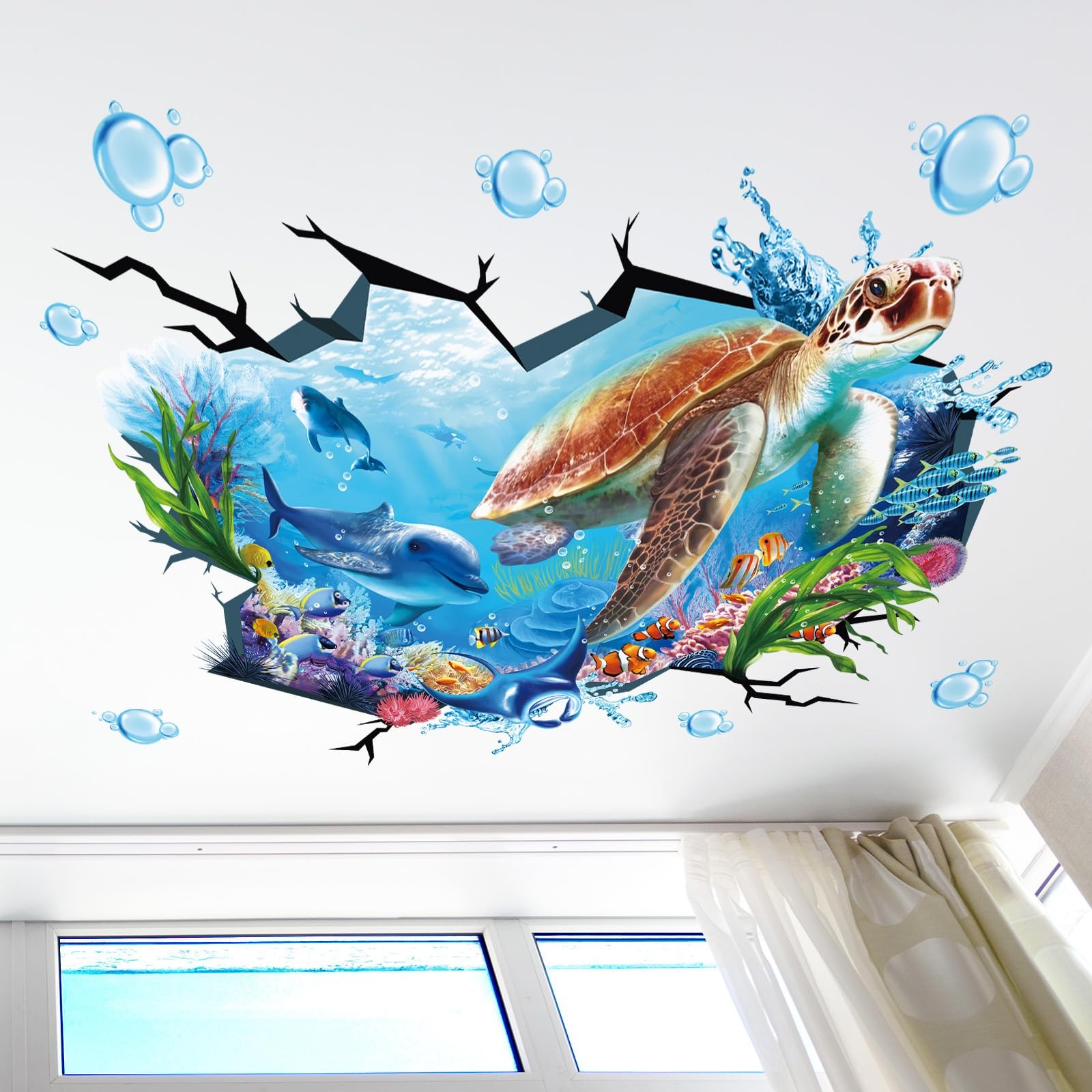 wondever Large Sea Turtle Under The Wall Stickers 3D Underwater Dolphin A